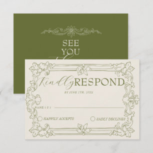 Cartons Réponse Mariage Classique Argent Ancien Vert Olive Romanti