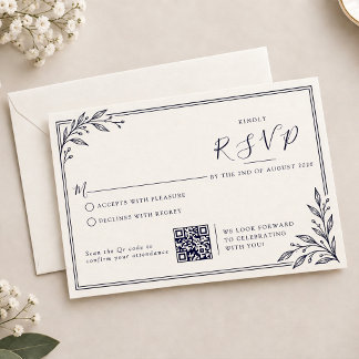 Cartons Réponse Mariage Code Qr Bordure Feuilles Navy Foncé Modern
