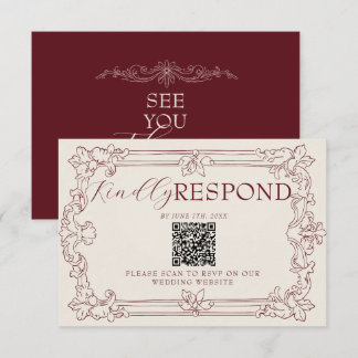 Cartons Réponse Mariage code QR Fancy Floral Bourgogne Argent anci