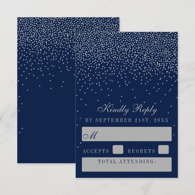 Cartons Réponse Mariage Confetti en argent de marine bleu et de gl (Devant / Derrière)