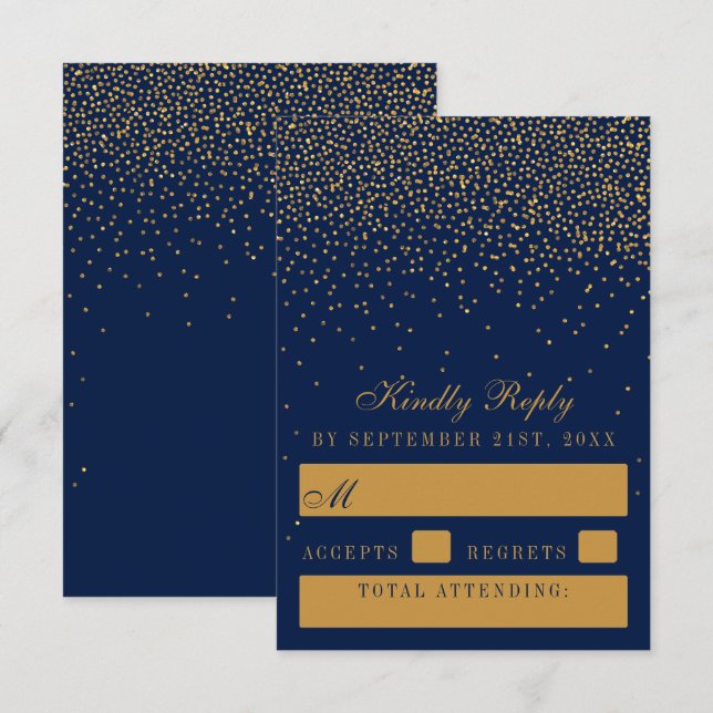 Cartons Réponse Mariage Confetti en or bleu marine et glam (Devant / Derrière)