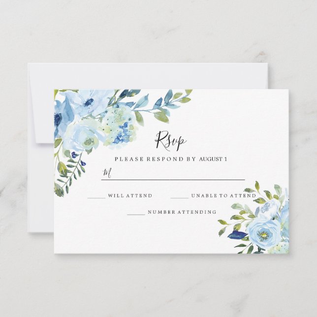 Cartons Réponse Mariage d'aquarelle bleu ciel Floral (Devant)