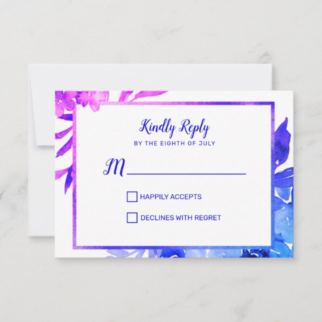 Cartons Réponse Mariage d'aquarelle bleu violet (Devant)