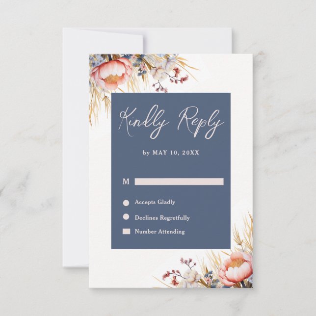 Cartons Réponse Mariage d'aquarelle couleur bleu et rose pâle (Devant)