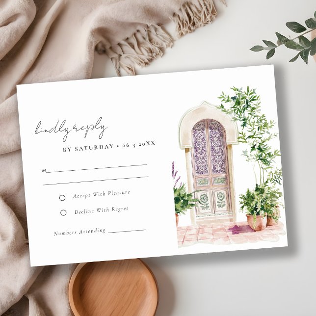 Cartons Réponse Mariage d'aquarelle de porte marocaine tropicale (Créateur téléchargé)