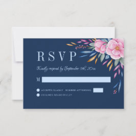 Cartons Réponse Mariage d'aquarelle florale bleu marine