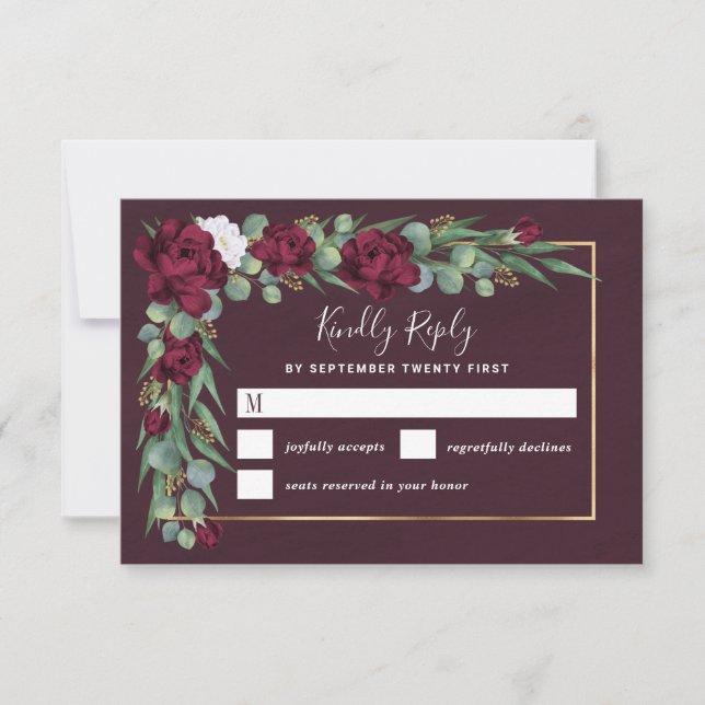 Cartons Réponse Mariage de automne d'aquarelle florale de Bourgogn (Devant)