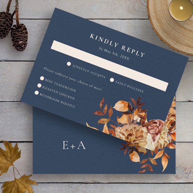 Cartons Réponse Mariage de automne de marine (Watercolor Navy Blue Fall Wedding RSVP Card Monogram on Back by Painted Paperie
)