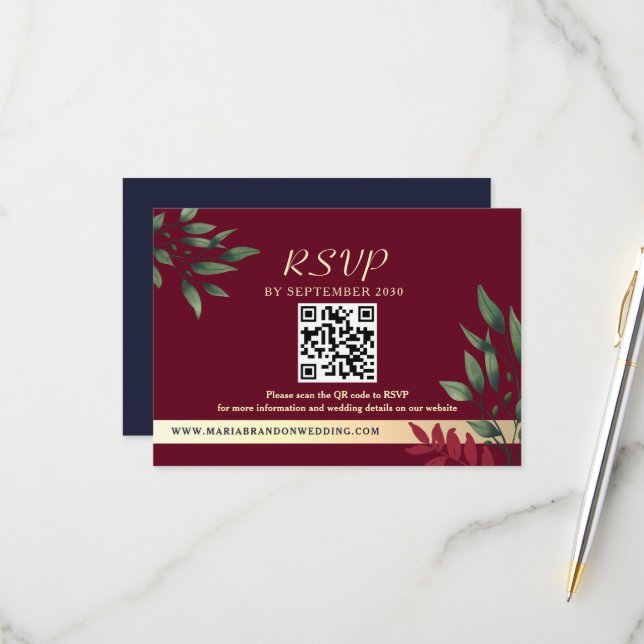 Cartons Réponse Mariage de automne du code QR de Bourgogne (Devant/Arrière en situation)