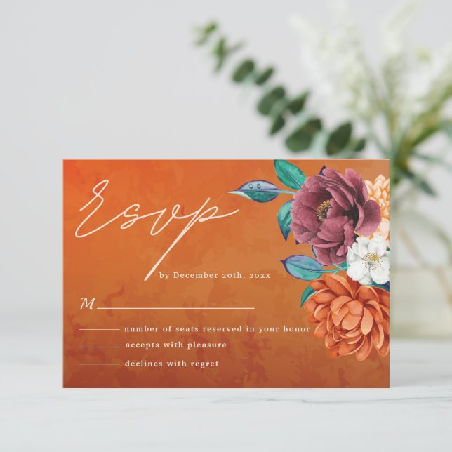 Cartons Réponse Mariage de automne en terre cuite orangée moderne (Debout devant)