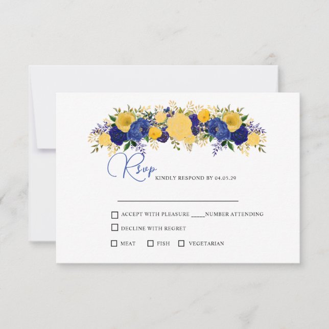 Cartons Réponse Mariage de bouquet floral marine et jaune (Devant)