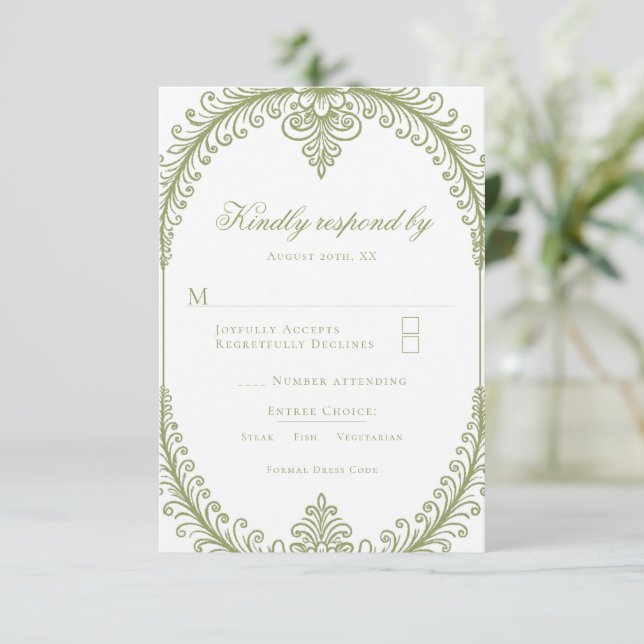 Cartons Réponse Mariage de cadre à la française vert olive (Debout devant)