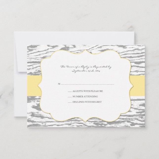 Cartons Réponse Mariage de céréales en bois chic jaune et gris rsv (Devant)
