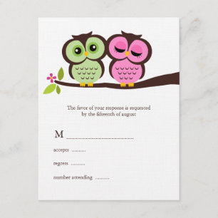 Cartons Réponse Mariage de Chouettes vertes et roses