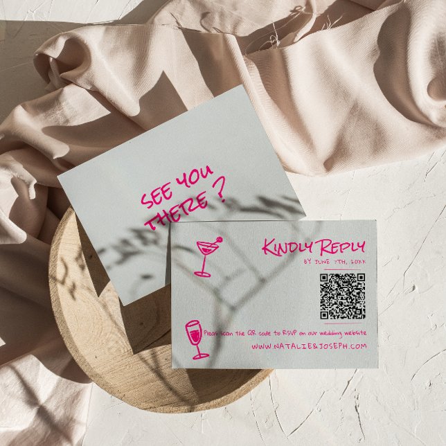 Cartons Réponse Mariage de code QR rose funky à main rétro (Créateur téléchargé)