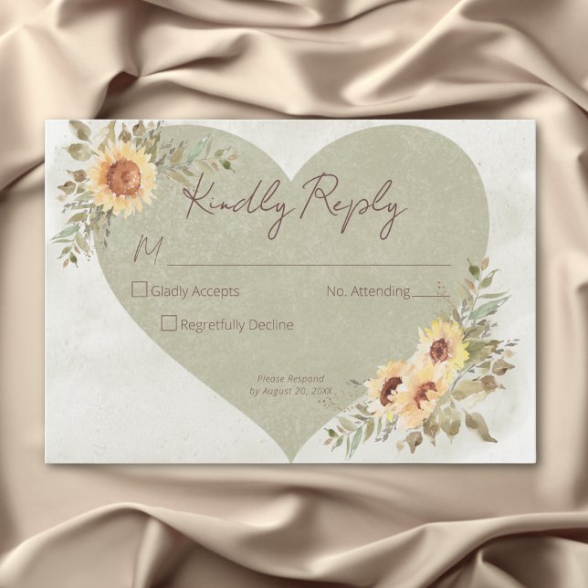 Cartons Réponse Mariage de coeur Soft Sunflower Boho (Soft Sunflowers Boho Heart Wedding RSVP Card)