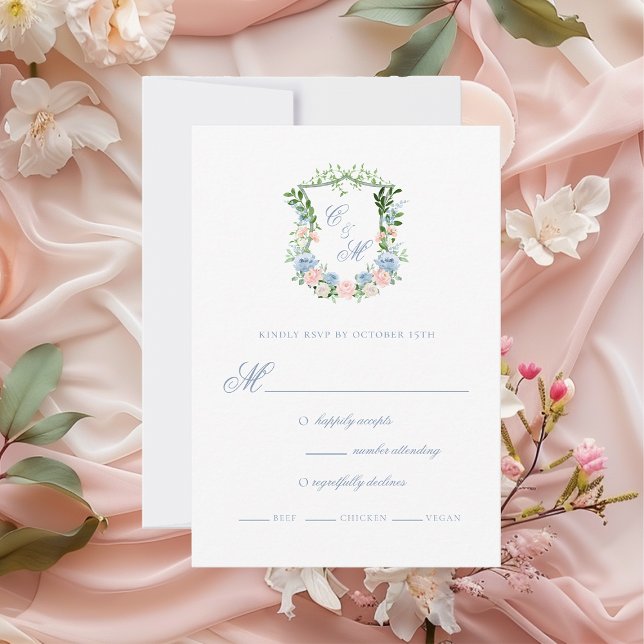 Cartons Réponse Mariage de crête florale bleu poussiéreux (Créateur téléchargé)