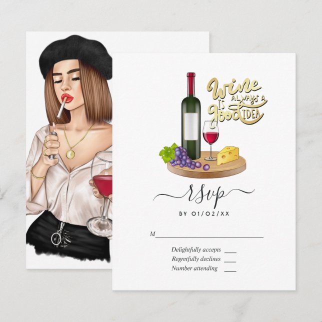 Cartons Réponse Mariage de dégustation de vin de fille française (Devant / Derrière)