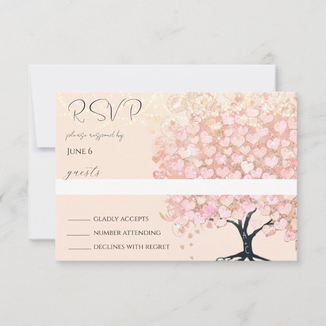 Cartons Réponse Mariage de feuilles de coeur rose enchantée Fairyt (Devant)