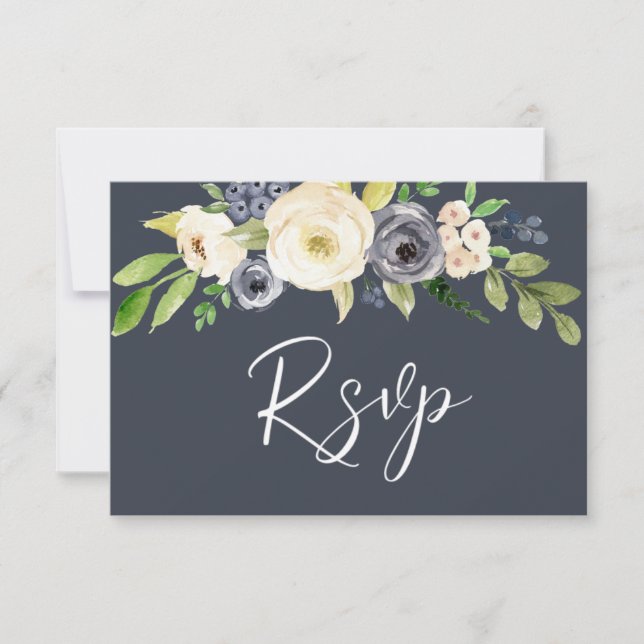 Cartons Réponse Mariage de fleurs d'aquarelle marine et blanche (Devant)