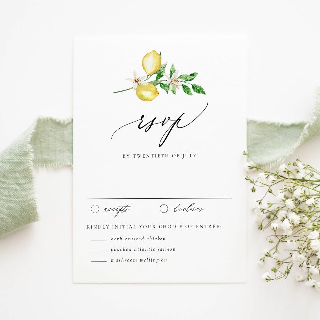 Cartons Réponse Mariage de jardin botanique de citron et de verdur (Customizable RSVP Card with Watercolor Lemons, Blossoms & Greenery | RSVP with Date & Entree Choices)