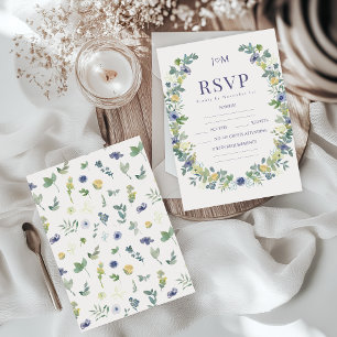 Cartons Réponse Mariage de la couronne de fleurs jaunes bleues RSV