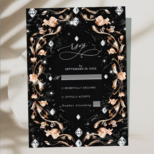Cartons Réponse Mariage de luxe Black Floral Diamonds (Créateur téléchargé)