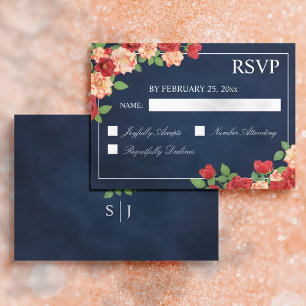 Cartons Réponse Mariage de Monogramme bleu marine Orange Rouge Ros