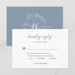 Cartons Réponse Mariage de monogramme bleu poussiéreux minimal
