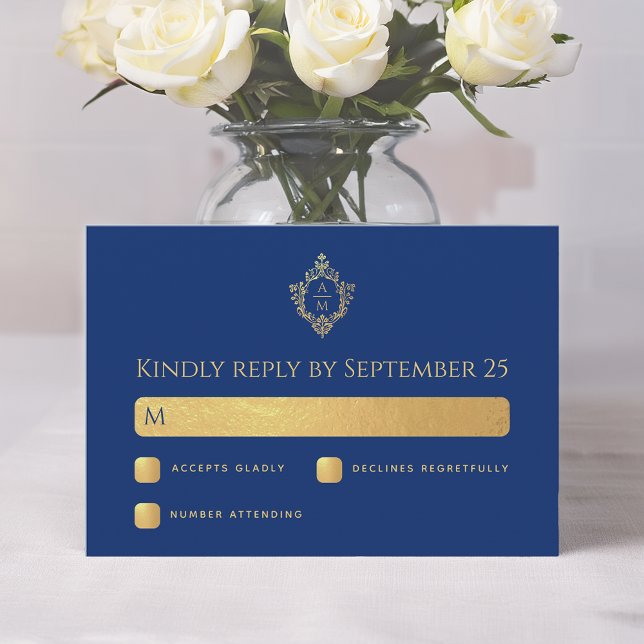 Cartons Réponse Mariage de monogramme de la crête d'or Royal Blue  (Créateur téléchargé)