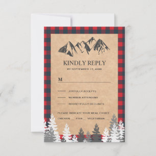 Cartons Réponse Mariage de montagne rustique Kraft rouge à carreau