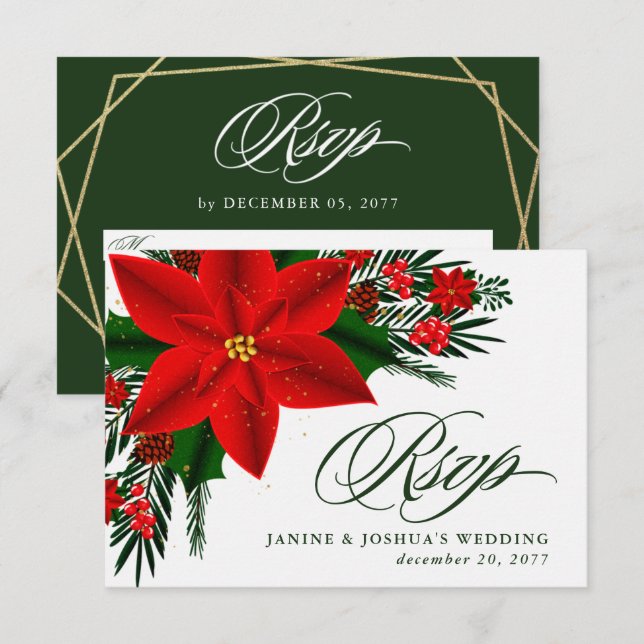 Cartons Réponse Mariage de Noël avec poinsettia rouge et verdure d (Devant / Derrière)