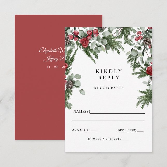 Cartons Réponse Mariage de Noël d'hiver des baies de pin rustique (Devant / Derrière)