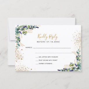 Cartons Réponse Mariage de parties scintillant d'or vert Eucalyptu