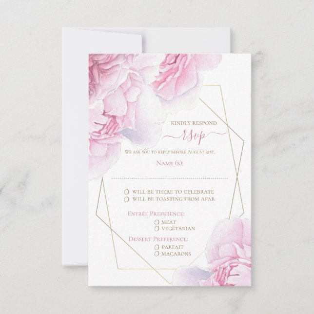 Cartons Réponse Mariage de pivoine rose douce à l'aquarelle rose R (Devant)