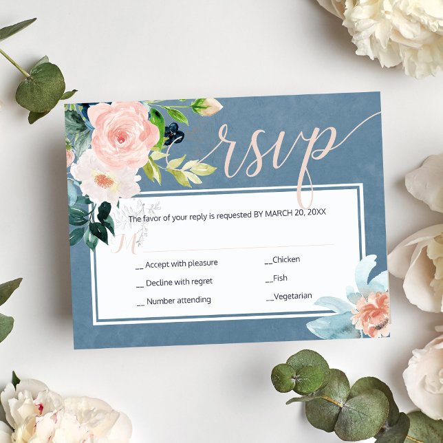 Cartons Réponse Mariage de pivoines rose rousse et bleu poussiéreu (Créateur téléchargé)