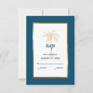 Cartons Réponse Mariage de plage Tropical Ocean Blue Gold Palm Tre