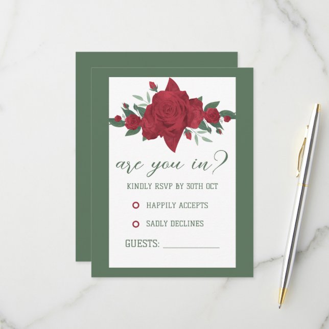 Cartons Réponse Mariage de Red Roses Boho (Devant/Arrière en situation)
