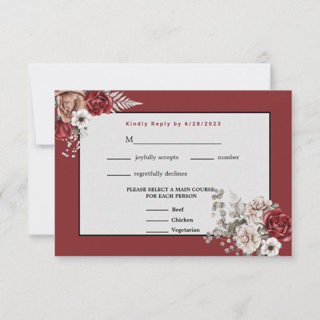 Cartons Réponse Mariage de Roses Burgundy, Blush Rose et Blanc RSV (Devant)