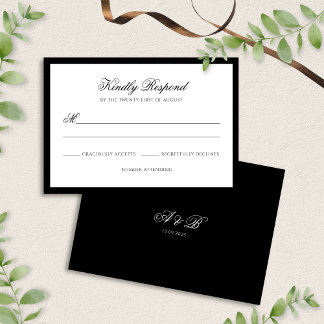 Cartons Réponse Mariage de script de bordure noir et blanc classiq