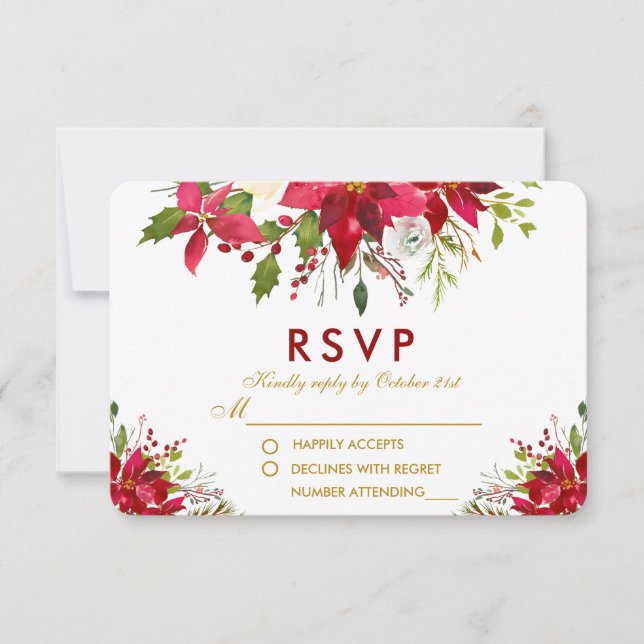 Cartons Réponse Mariage de vacances Poinsettia Floral Red Gold RSV (Devant)