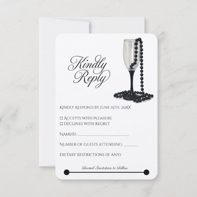 Cartons Réponse Mariage de verre de champagne Black & White Pearl (Devant)