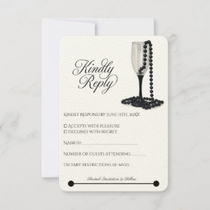 Cartons Réponse Mariage de verre de champagne Black & White Pearl
