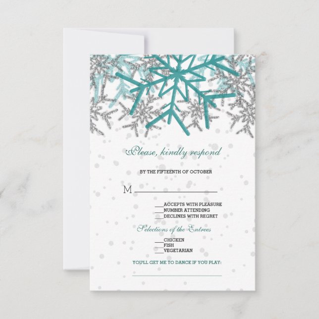 Cartons Réponse Mariage des flocons de neige en argent d'hiver (Devant)