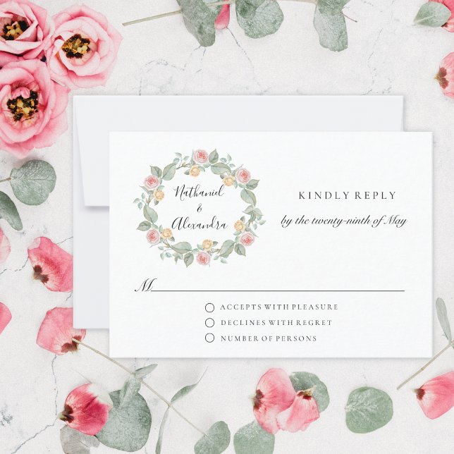 Cartons Réponse Mariage d'été Rose d'aquarelle Wreath (Créateur téléchargé)