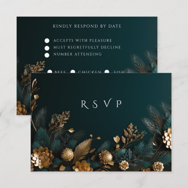 Cartons Réponse Mariage d'hiver  Cônes de pin dorés Aiguilles de p (Devant / Derrière)