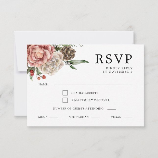 Cartons Réponse Mariage d'hiver floral rose et pin (Devant)