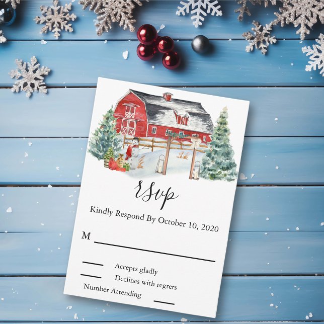 Cartons Réponse Mariage d'hiver Grange Noël Aquarelle de neige (Créateur téléchargé)