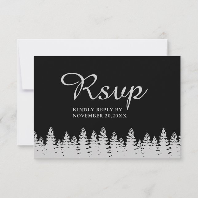 Cartons Réponse Mariage d'hiver moderne noir et argent avec repas (Devant)