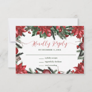 Cartons Réponse Mariage d'hiver Rouge Poinsettia Pine Verdure